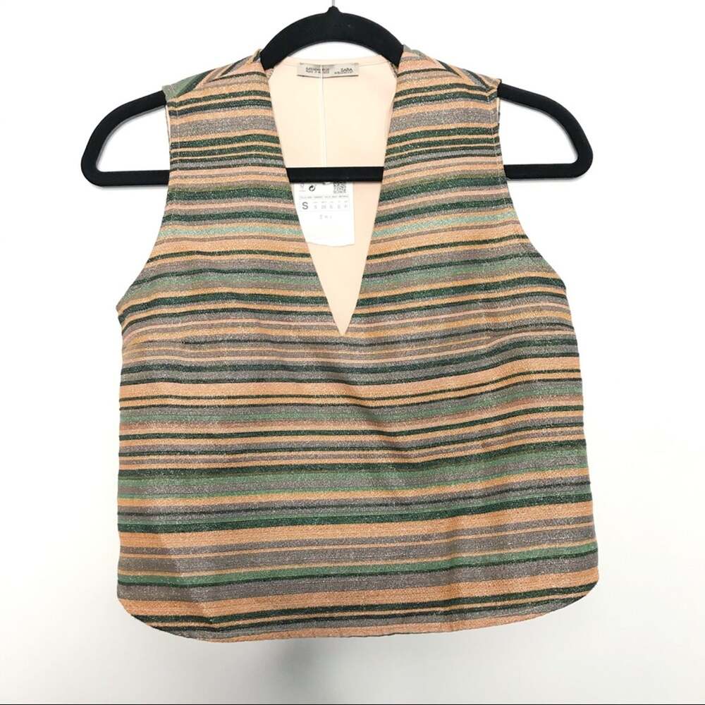 New Zara Womens Small S Striped Metallic Cropped Tank Top V Neck Peach Orange